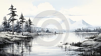 Highly Detailed Black And White Watercolor Mountains Lake Painting Cartoon Illustration