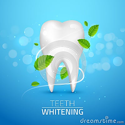 Whitening tooth ads, with mint leaves on blue background. Green mint leaves clean fresh concept. Teeth health Vector Illustration