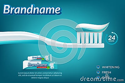 Whitening toothpaste ad poster. Vector realistic toothpaste packaging mock up with your brand on blue background with white Vector Illustration