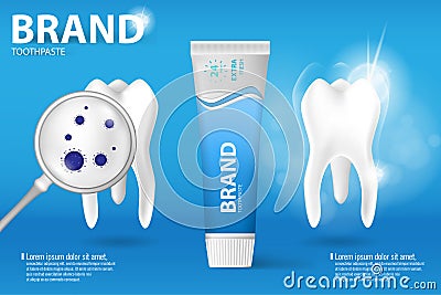 Whitening toothpaste ad. Realistic clean and dirty tooth on blue background, clearing tooth process with aroma of mint Vector Illustration