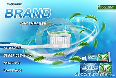 Whitening toothpaste ads, mint leaves background. Tooth model and product package design for toothpaste poster or Vector Illustration