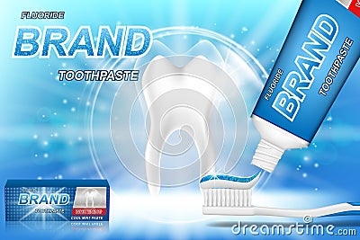 Whitening toothpaste ads. Tooth model and dental care product package design for toothpaste poster or advertising. 3d Vector Illustration