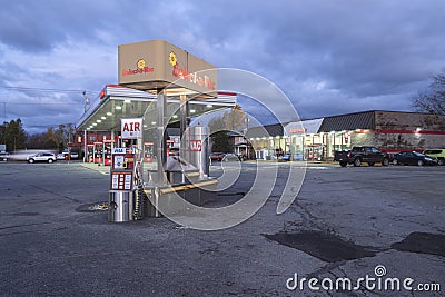 Whitesboro, New York - Nov 01, 2019: Night View of Select-a-Vac Self-cleaning at the Foreground and Speedway Gas Station Editorial Stock Photo