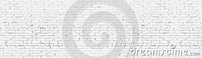 Whitewashed shabby brick wall wide panoramic texture. White painted aged brickwork panorama. Long light background Stock Photo