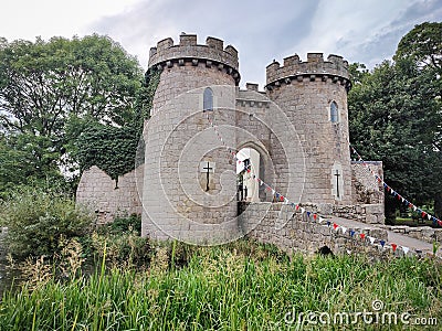 Whittington Castle gatehouse with bunting, Shropshire Stock Photo