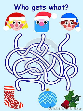 Who gets what - Christmas maze game with Santa Claus and elves stock vector illustration Vector Illustration