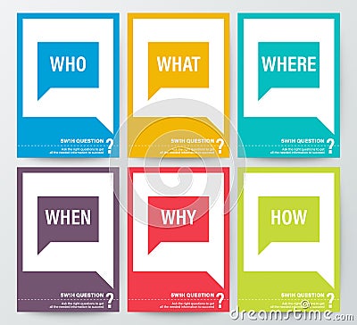 WHO WHAT WHERE WHEN WHY HOW, 5W1H or WH Questions poster. colorful speech bubbles graphic background. Vector Illustration