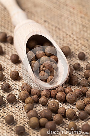 Whole allspice pepper super food in a wooden spoon Stock Photo