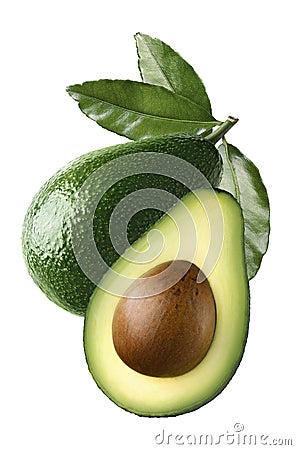 Whole avocado half seed leaves cut isolated on white background Stock Photo