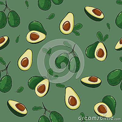 Whole avocado with leaf and half an avocado, seamless pattern in vector Vector Illustration