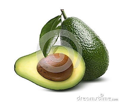 Whole avocado leaves half cut isolated on white background Stock Photo