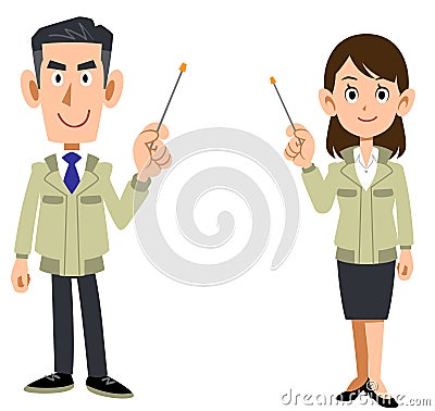 The whole body of man and woman in the construction shop explained with a pointer Vector Illustration