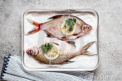 Whole Bream To Be Baked in Salt Stock Photo