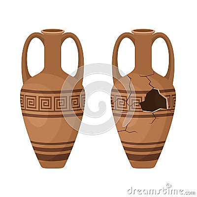 Whole and broken ancient amphora icon with two handles. Antique clay vase jar, Old traditional vintage pot. Ceramic jug Vector Illustration