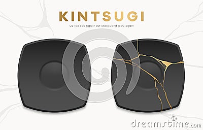 Whole and broken black vector plates with gold kintsugi cracks. Japanese art of repairing broken pottery. Repair our Vector Illustration