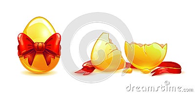 Whole and broken golden egg with red ribbon. Vector Illustration