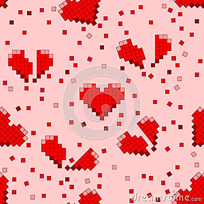 Whole and broken pixel hearts Vector Illustration