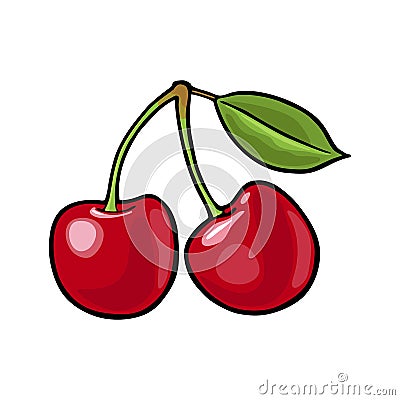 Whole cherry berry with leaf. Vector vintage flat Vector Illustration