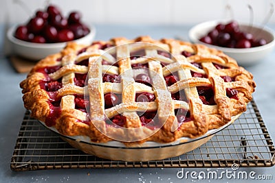 a whole cherry pie with a lattice crust on a baking rack Stock Photo