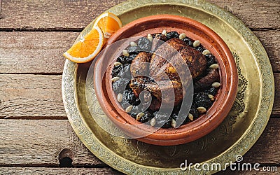 Whole chicken tajine, moroccan food, copy space. Stock Photo