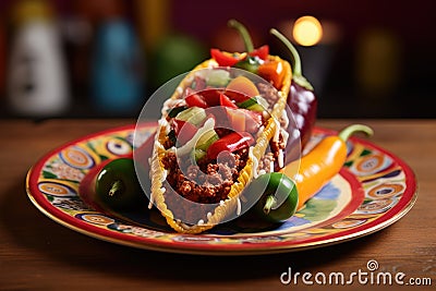 a whole chili pepper inside a taco, placed on a vibrant ceramic plate Stock Photo