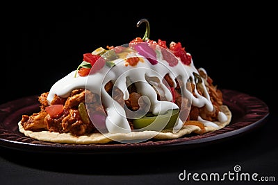 a whole chili pepper lying on top of a chicken taco with sour cream Stock Photo