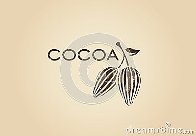 Whole cocoa pods, fruit tree logo. Cocoa nibs and beans retro logotype. Raw, roasted, grated cocoa icon. Chocolate Vector Illustration