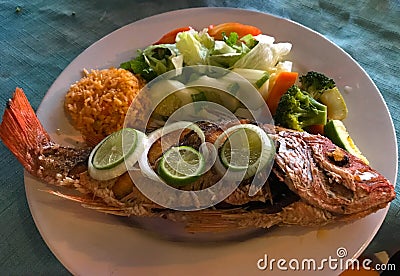 Whole Cooked Fish Served with Vegetables Stock Photo