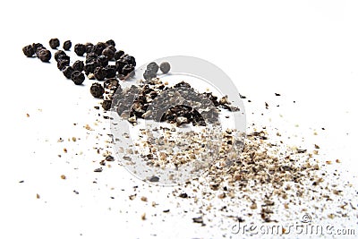 Whole cracked and ground black pepper Stock Photo