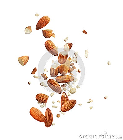 whole and crushed almonds Stock Photo