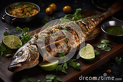 Whole fish with a grilled skin Arab food Generative AI Stock Photo