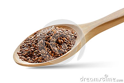 Whole flax seeds in a wooden spoon. Healthy food for lower cholesterol and preventing heart diseases. Isolated. Stock Photo