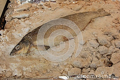 Whole fresh fish on a salt pan.Whole fish cooked in a salt Stock Photo