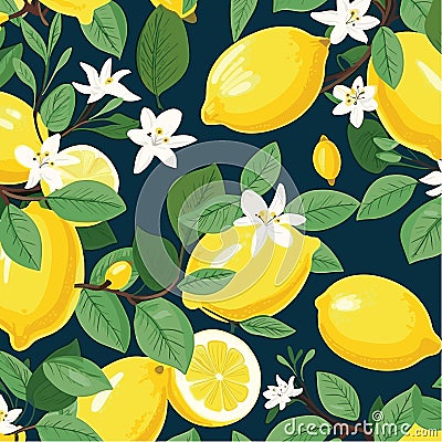Whole fresh lemon with lime flowers and leaves modern vector style pattern Vector Illustration