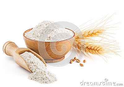 Whole grain wheat flour and ears isolated on white Stock Photo