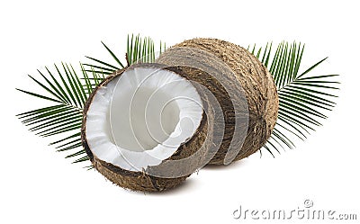 Whole and half coconut with leaves isolated on white background Stock Photo