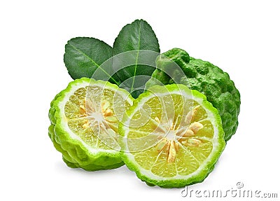 Whole and half fresh bergamot with green leaves isolated Stock Photo