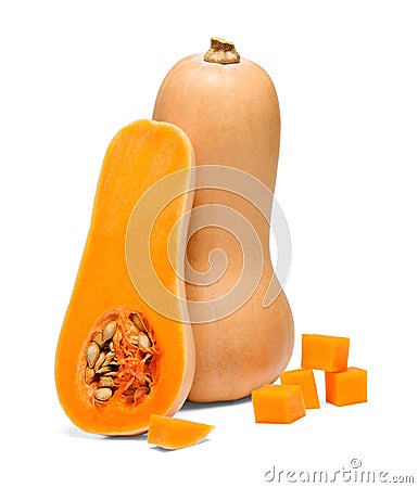 Whole and half fresh juicy bottle gourd with sliced next. Close-up. White background. Stock Photo