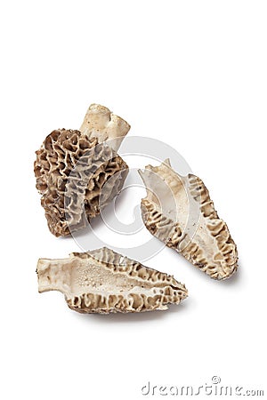 Whole and half fresh raw Morel Stock Photo