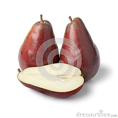 Whole and half fresh ripe Red Modoc pears on white background Stock Photo