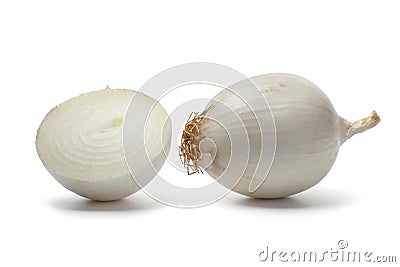 Whole and half fresh white onions Stock Photo