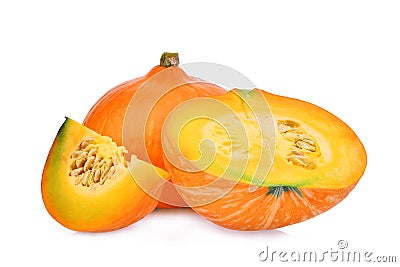 Whole and half japanese pumpkin with slice isolated on white Stock Photo