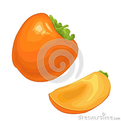 Whole and half persimmon. Vector flat color Vector Illustration