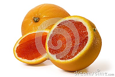 Whole, half and piece red sicilian orange on a white background. Full depth of field. Stock Photo