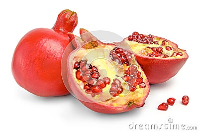 Whole, half and seeds of pomegranate isolated on white background cutout for package design Stock Photo