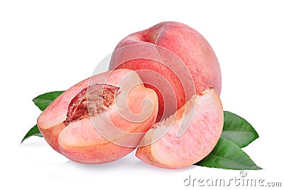 Whole and half with slice of peach with green leaves isolated Stock Photo