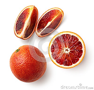 Whole, half and sliced red blood orange fruit Stock Photo