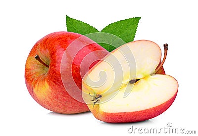 Whole and half sonya red apple with green leaf isolated on white Stock Photo