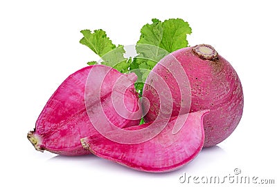 Whole and half sweet red radish with green leaves isolated Stock Photo