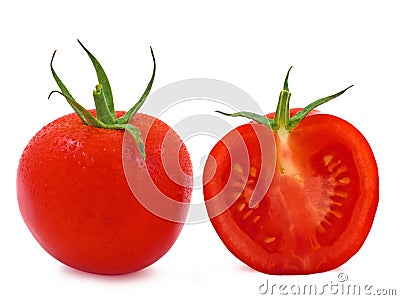 Whole and a half tomato with water drops Stock Photo